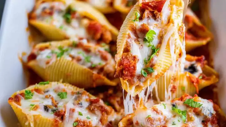 Close-up of cheesy pizza stuffed pasta shells filled with pepperoni, melted mozzarella, and pizza sauce, garnished with fresh parsley in a white baking dish.