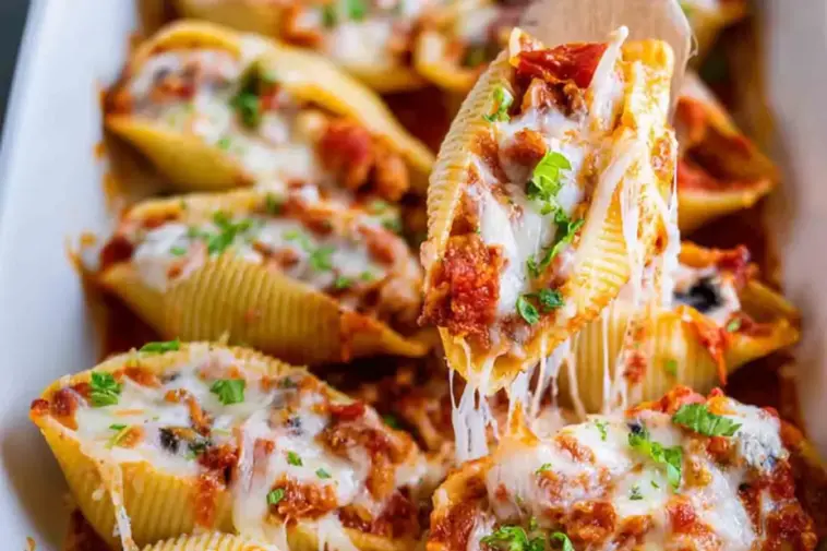 Close-up of cheesy pizza stuffed pasta shells filled with pepperoni, melted mozzarella, and pizza sauce, garnished with fresh parsley in a white baking dish.