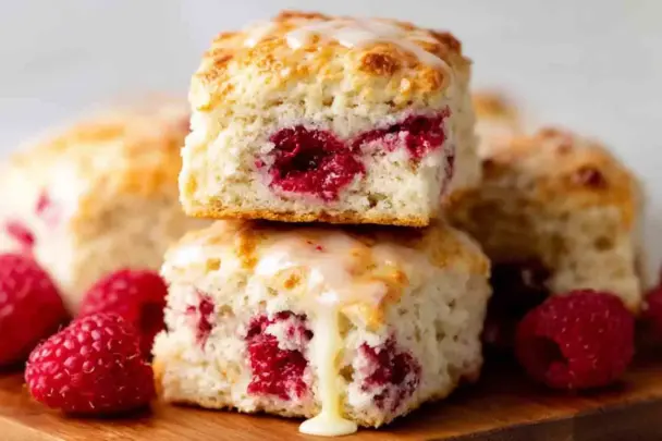 Close-up of fluffy Raspberry Butter Swim Biscuits stacked on a wooden board, filled with baked raspberries and drizzled with vanilla glaze, surrounded by fresh raspberries.