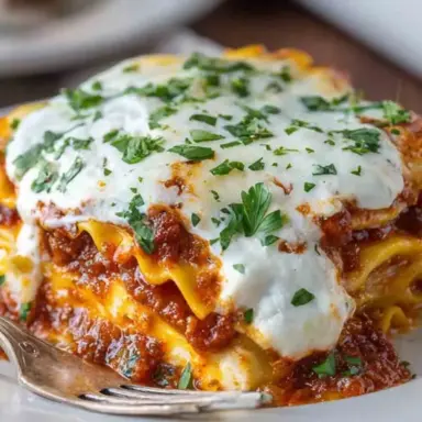 Close-up of cheesy baked ravioli lasagna with layers of meat sauce, melted mozzarella, and fresh parsley on a white plate with a fork.