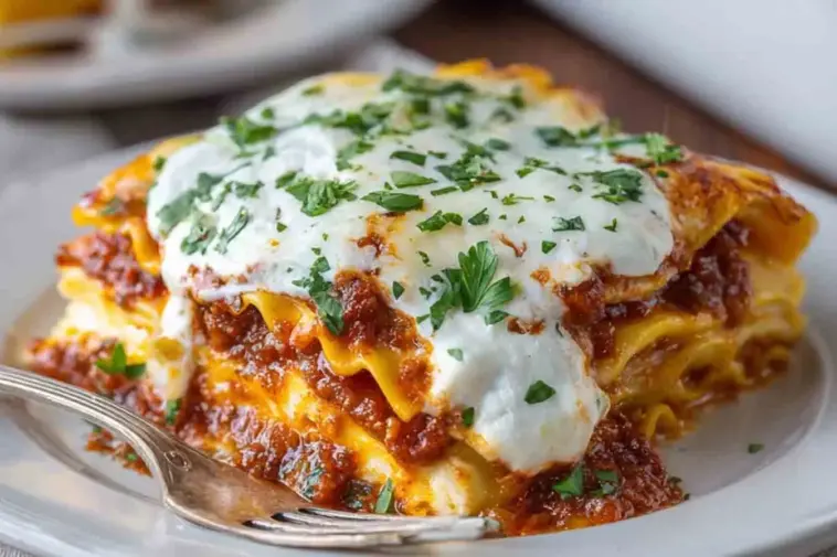 Close-up of cheesy baked ravioli lasagna with layers of meat sauce, melted mozzarella, and fresh parsley on a white plate with a fork.