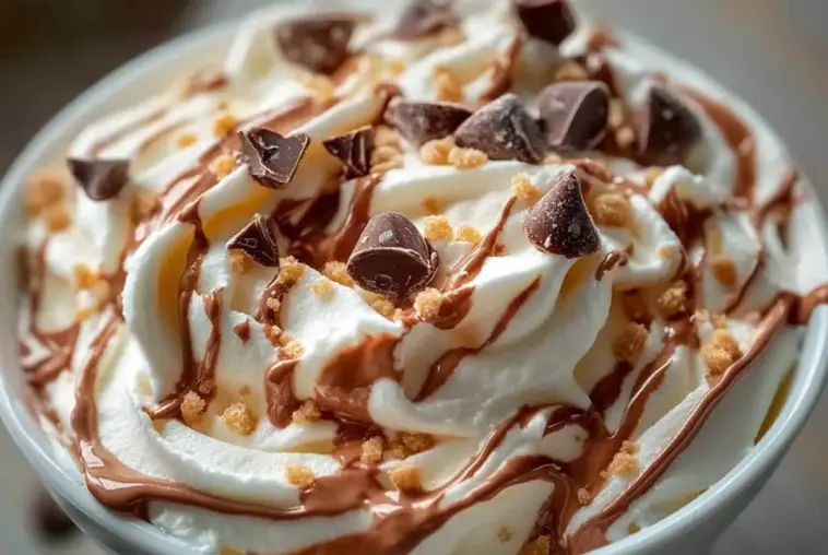 Close-up of Reese’s swirl Cool Whip and pudding frosting, topped with chocolate chunks, drizzled peanut butter, and cookie crumbs, showing a creamy, whipped texture.