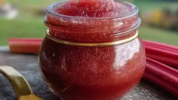 A small round glass jar filled with vibrant red rhubarb butter, topped with a soft swirl of spread, surrounded by fresh rhubarb stalks and a gold spoon, set on a rustic stone surface with a blurred green countryside in the background.