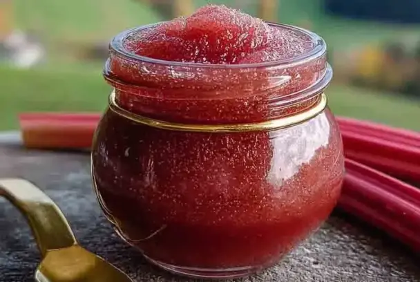 A small round glass jar filled with vibrant red rhubarb butter, topped with a soft swirl of spread, surrounded by fresh rhubarb stalks and a gold spoon, set on a rustic stone surface with a blurred green countryside in the background.