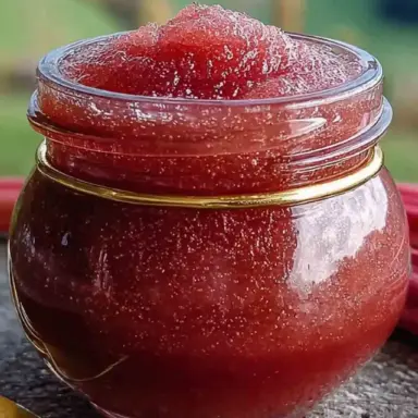 A glass jar filled with vibrant red rhubarb butter, thick and glossy with a soft texture, placed on a rustic wooden surface with a blurred countryside background.