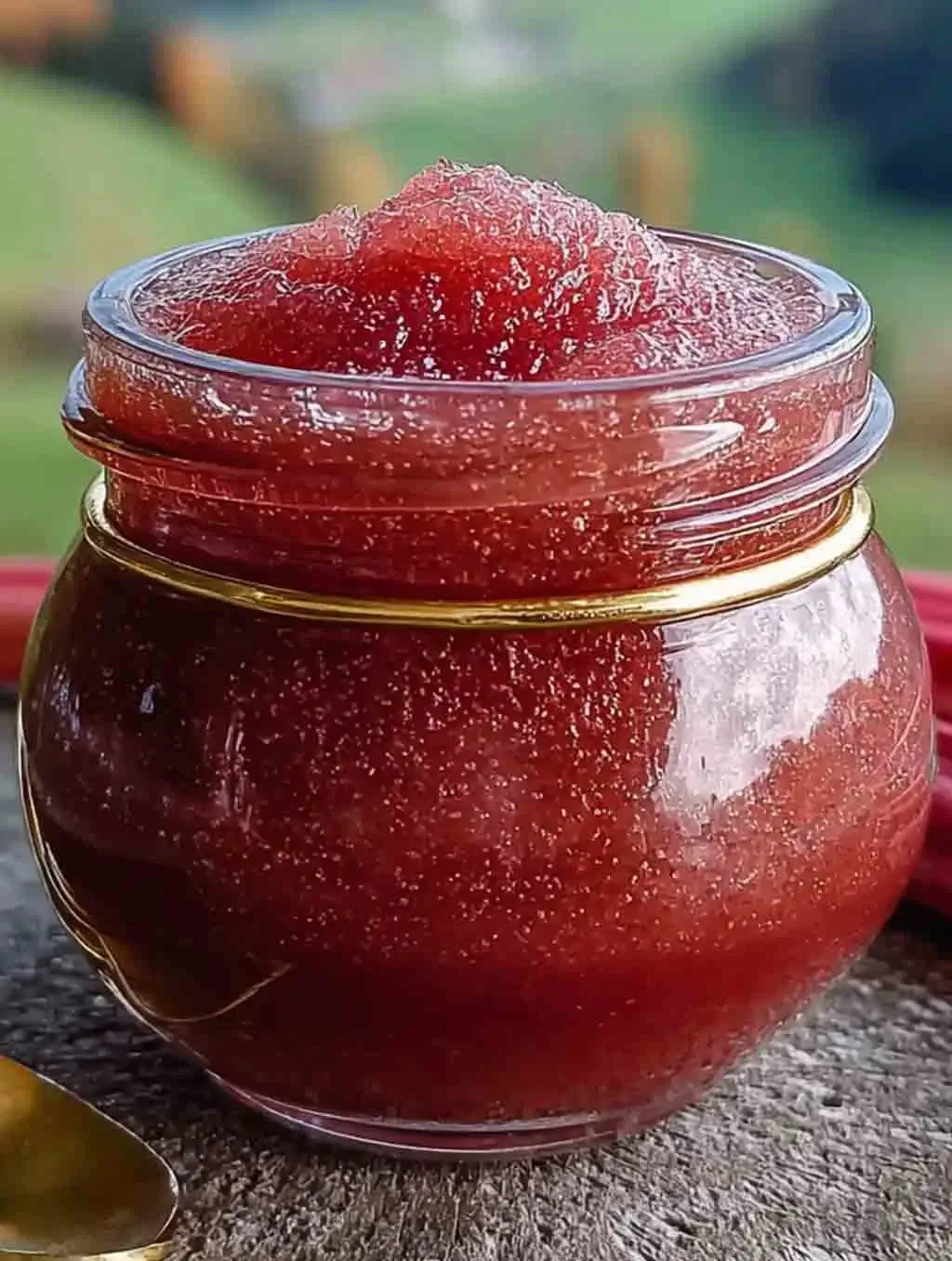 A glass jar filled with vibrant red rhubarb butter, thick and glossy with a soft texture, placed on a rustic wooden surface with a blurred countryside background.