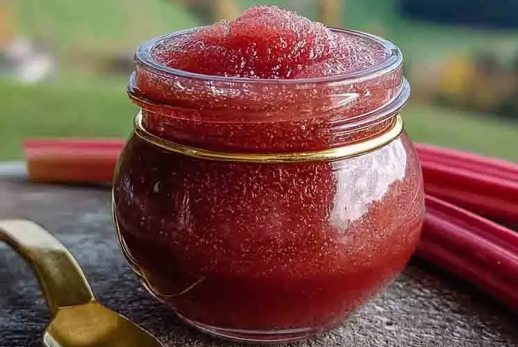A small round glass jar filled with vibrant red rhubarb butter, topped with a soft swirl of spread, surrounded by fresh rhubarb stalks and a gold spoon, set on a rustic stone surface with a blurred green countryside in the background.