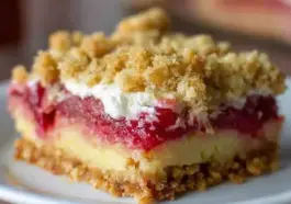 Close-up of a rhubarb pudding bar showing layers of golden crust, creamy custard, tangy rhubarb filling, whipped topping, and a buttery crumb layer on a white plate.