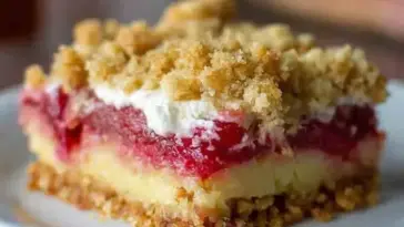 Close-up of a rhubarb pudding bar showing layers of golden crust, creamy custard, tangy rhubarb filling, whipped topping, and a buttery crumb layer on a white plate.