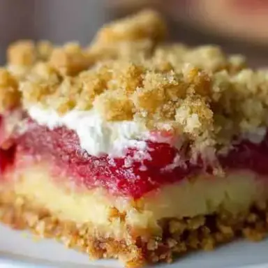 Close-up of a rhubarb pudding bar showing layers of golden crust, creamy custard, tangy rhubarb filling, whipped topping, and a buttery crumb layer on a white plate.