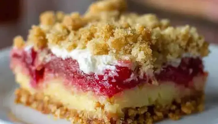 Close-up of a rhubarb pudding bar showing layers of golden crust, creamy custard, tangy rhubarb filling, whipped topping, and a buttery crumb layer on a white plate.