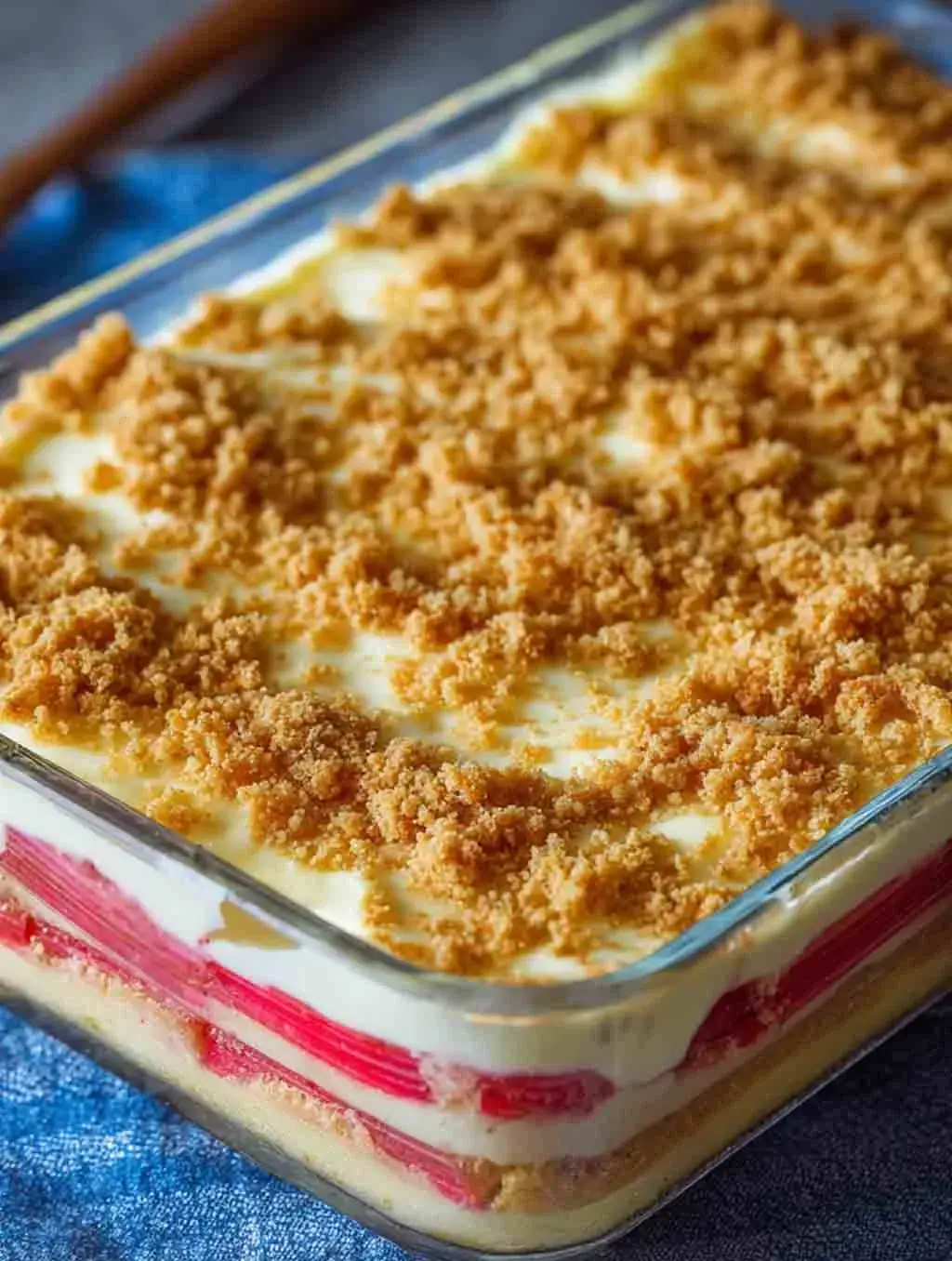A glass baking dish filled with layered rhubarb pudding bars, showing creamy custard and vibrant rhubarb layers topped with golden crumbs, set on a blue kitchen towel.