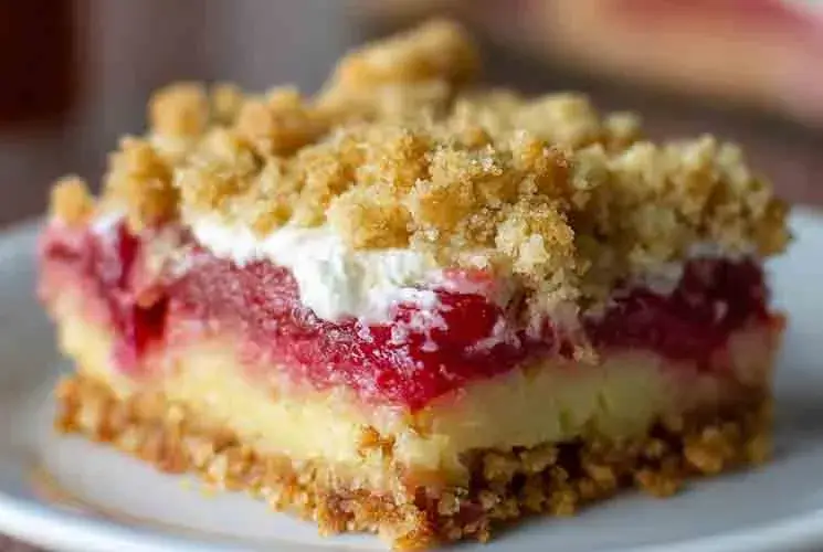 Close-up of a rhubarb pudding bar showing layers of golden crust, creamy custard, tangy rhubarb filling, whipped topping, and a buttery crumb layer on a white plate.