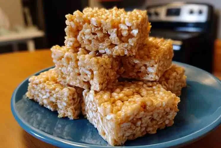 Stack of golden, gooey rice crispy treats on a blue plate, with a kitchen stove blurred in the background.