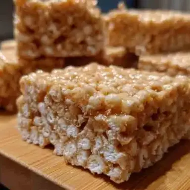 Close-up of homemade rice crispy treats stacked on a wooden board, showing their gooey texture and crispy cereal layers.