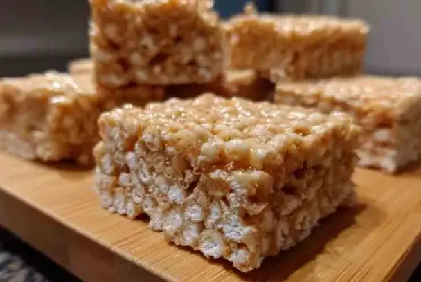 Close-up of homemade rice crispy treats stacked on a wooden board, showing their gooey texture and crispy cereal layers.