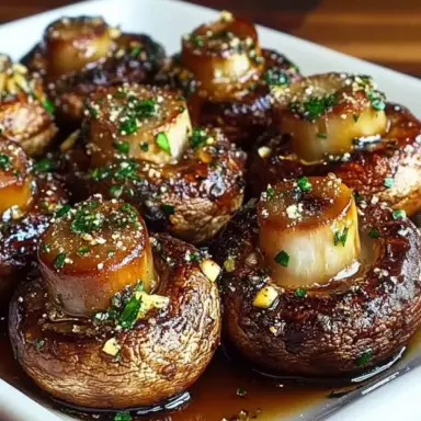 Close-up of roasted garlic mushrooms topped with chopped parsley, garlic, and a savory glaze, served in a white dish on a wooden table.