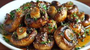Golden-brown roasted garlic mushrooms glistening with olive oil, garnished with parsley and garlic, served on a white plate.