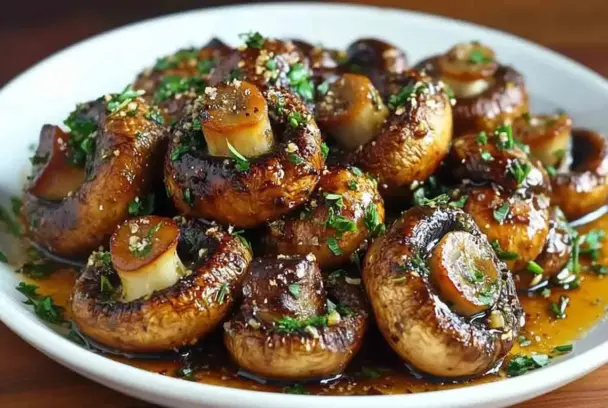 Golden-brown roasted garlic mushrooms glistening with olive oil, garnished with parsley and garlic, served on a white plate.