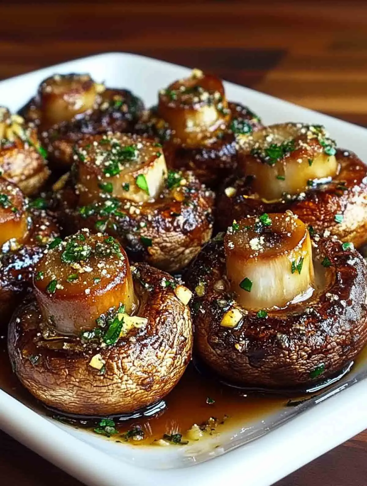 Close-up of roasted garlic mushrooms topped with chopped parsley, garlic, and a savory glaze, served in a white dish on a wooden table.