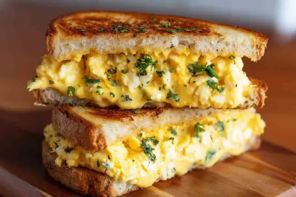 Close-up of a golden-brown grilled cheese sandwich filled with creamy scrambled eggs and melted cheese, garnished with fresh parsley and stacked on a wooden board.
