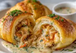 Golden-brown crescent roll bombs stuffed with creamy shrimp and crab filling, topped with herbs and served with a side of dipping sauce.
