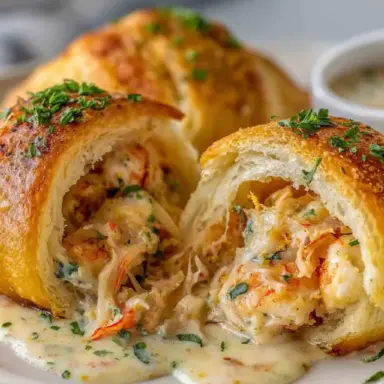 Close-up of golden-baked crescent rolls stuffed with creamy shrimp and crab filling, topped with herbs and served with a creamy white dipping sauce.