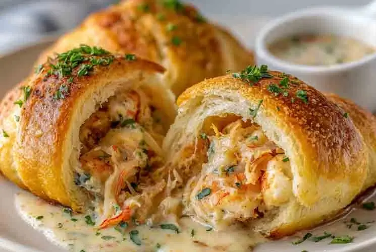 Golden-brown crescent roll bombs stuffed with creamy shrimp and crab filling, topped with herbs and served with a side of dipping sauce.
