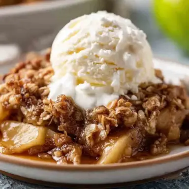 A serving of slow cooker apple crisp topped with a scoop of vanilla ice cream and whipped cream, on a ceramic plate with a fork on the side.