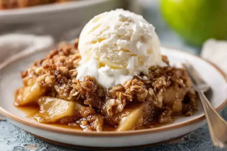 A serving of slow cooker apple crisp topped with a scoop of vanilla ice cream and whipped cream, on a ceramic plate with a fork on the side.