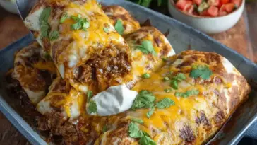 A tray of cheesy slow cooker beef burritos topped with melted cheese and fresh cilantro, served with sour cream and pico de gallo on the side.