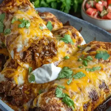 A tray of cheesy slow cooker beef burritos topped with melted cheese and fresh cilantro, served with sour cream and pico de gallo on the side.