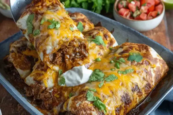 A tray of cheesy slow cooker beef burritos topped with melted cheese and fresh cilantro, served with sour cream and pico de gallo on the side.