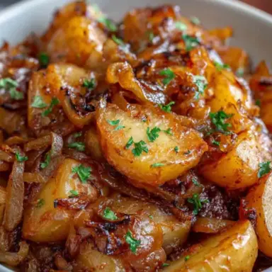 Close-up of tender, golden brown Slow Cooker Lipton Onion Potatoes with caramelized onions and fresh parsley, served in a white bowl.