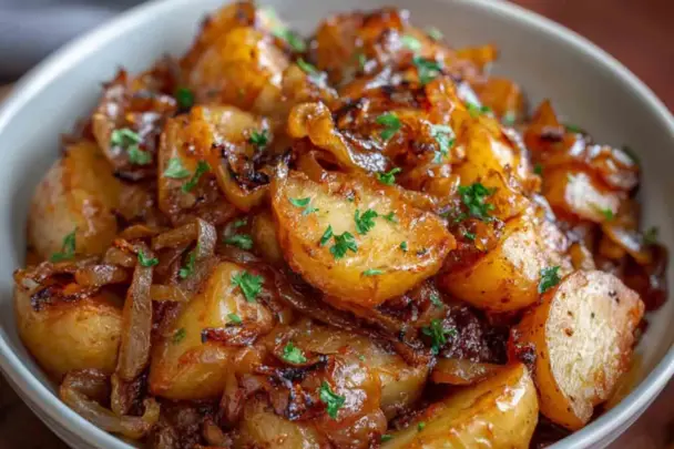 Close-up of tender, golden brown Slow Cooker Lipton Onion Potatoes with caramelized onions and fresh parsley, served in a white bowl.