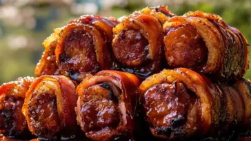 Close-up of smoked shotgun shells—manicotti stuffed with meat and cheese, wrapped in thick bacon, glazed with BBQ sauce, and perfectly smoked to a rich, golden-brown finish.