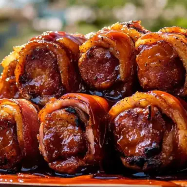 Close-up of smoked shotgun shells—manicotti stuffed with meat and cheese, wrapped in thick bacon, glazed with BBQ sauce, and perfectly smoked to a rich, golden-brown finish.