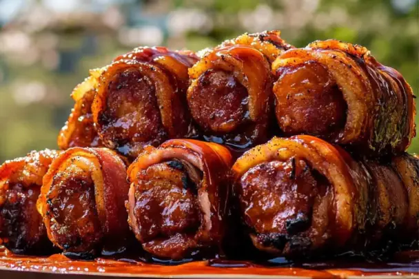 Close-up of smoked shotgun shells—manicotti stuffed with meat and cheese, wrapped in thick bacon, glazed with BBQ sauce, and perfectly smoked to a rich, golden-brown finish.