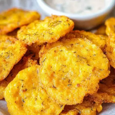 A plate of crispy golden Southern Fried Squash rounds served with creamy dipping sauce in the background, showcasing their crunchy cornmeal coating.