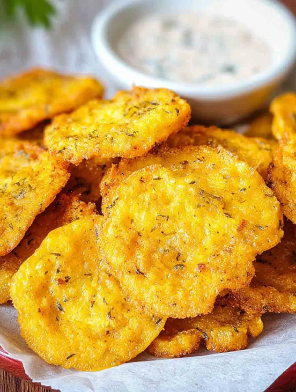 A plate of crispy golden Southern Fried Squash rounds served with creamy dipping sauce in the background, showcasing their crunchy cornmeal coating.