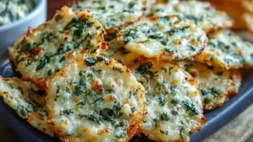 Close-up of golden-brown spinach dip cheese crisps baked to perfection, topped with melted cheese and fresh spinach, served on a dark ceramic plate.