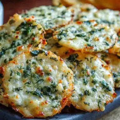 Close-up of golden-brown spinach dip cheese crisps baked to perfection, topped with melted cheese and fresh spinach, served on a dark ceramic plate.