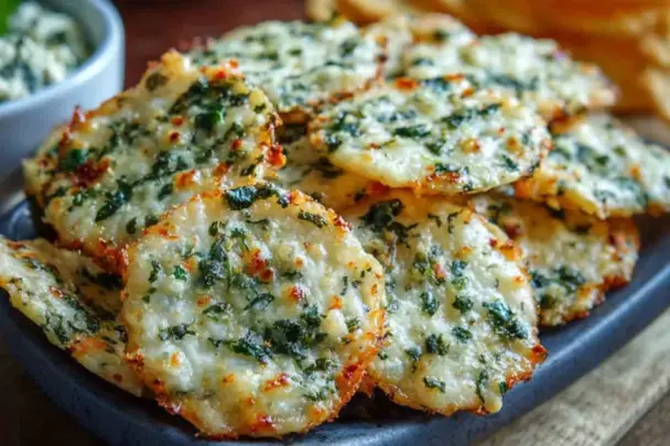 Close-up of golden-brown spinach dip cheese crisps baked to perfection, topped with melted cheese and fresh spinach, served on a dark ceramic plate.