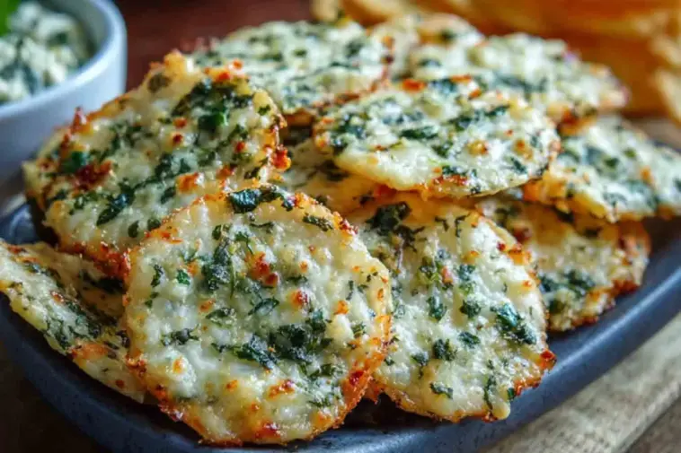 Close-up of golden-brown spinach dip cheese crisps baked to perfection, topped with melted cheese and fresh spinach, served on a dark ceramic plate.