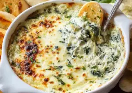 Close-up of hot, cheesy spinach and artichoke dip in a white baking dish, served with toasted baguette slices—perfect for parties and gatherings.