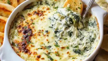 Close-up of hot, cheesy spinach and artichoke dip in a white baking dish, served with toasted baguette slices—perfect for parties and gatherings.