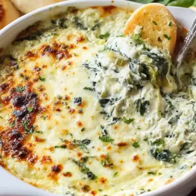 Close-up of hot, cheesy spinach and artichoke dip in a white baking dish, served with toasted baguette slices—perfect for parties and gatherings.