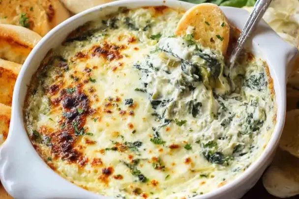 Close-up of hot, cheesy spinach and artichoke dip in a white baking dish, served with toasted baguette slices—perfect for parties and gatherings.
