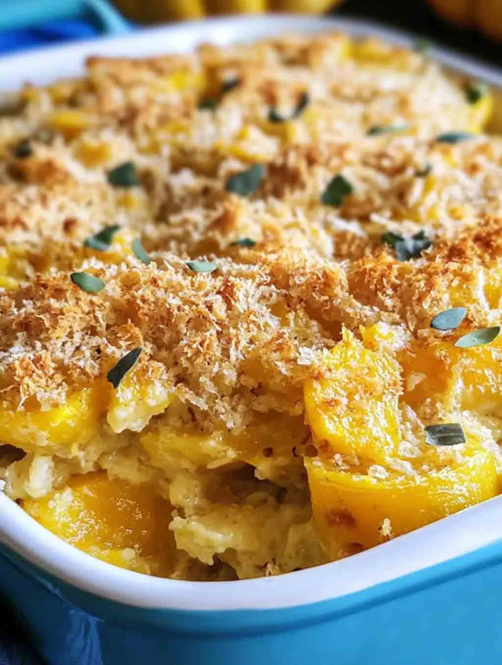 Baked yellow squash casserole in a blue dish with a golden, crispy breadcrumb topping and fresh herbs.