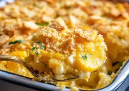 A spoonful of creamy squash casserole with a crispy cracker topping being served from a white baking dish.